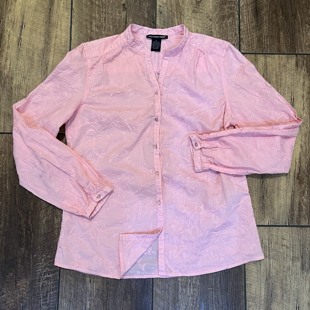 St. Tropez West Top Womens Large Pink Embroidered Linen Tunic